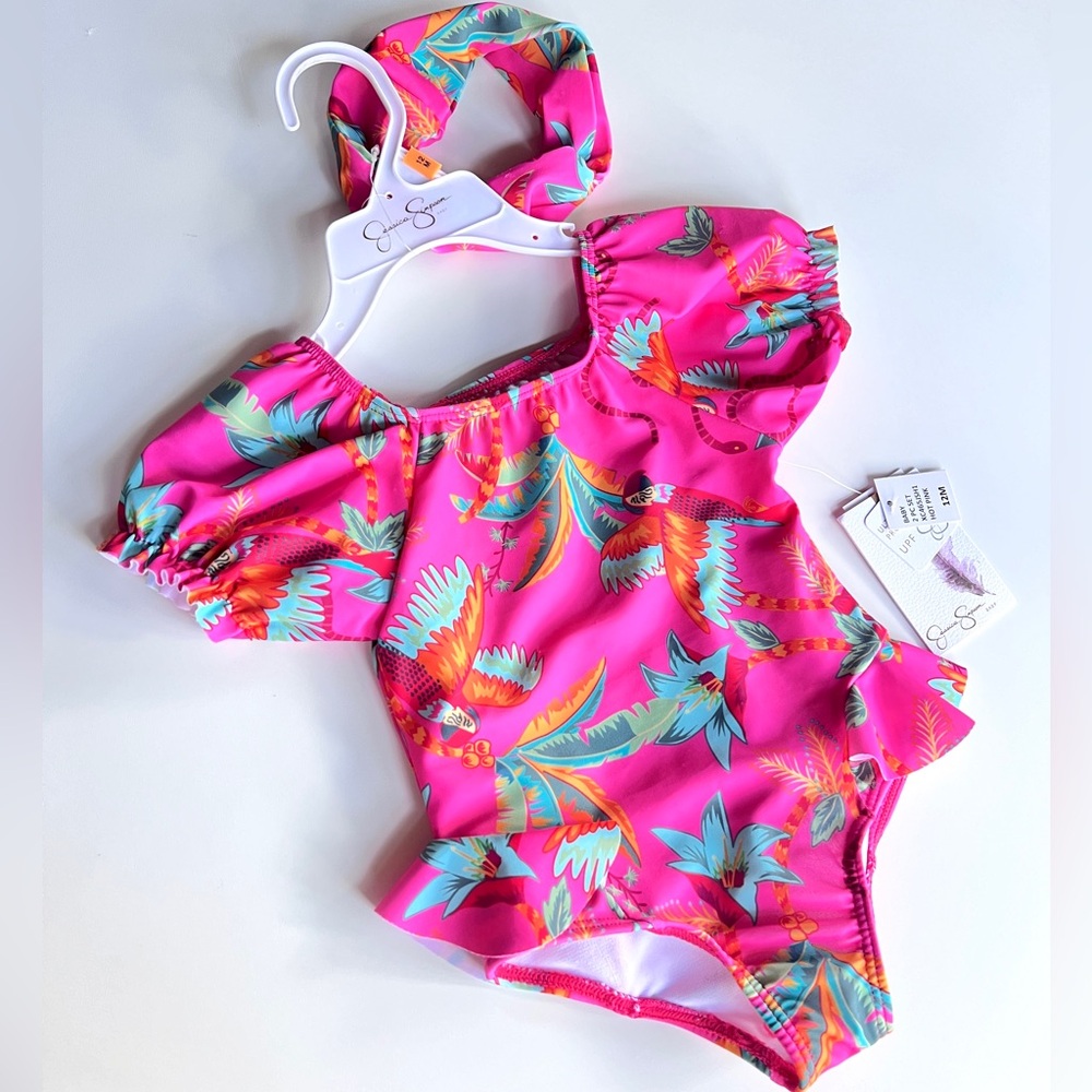 Jessica Simpson 12 months  girl’s Rashguard suit w/ headband tropical hot pink